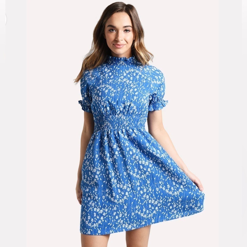 Hayden Blue Floral Smocked Neck Mini Dress Short Sleeve